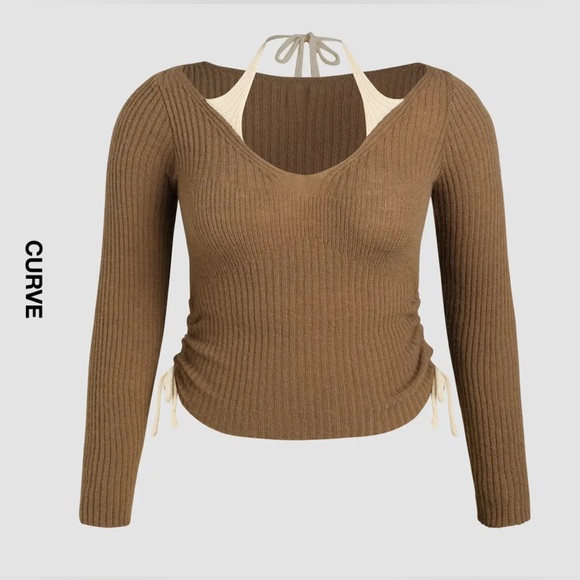 Cider Tops - Cider Brown Ribbed Top with Cream Halter. Curve Plus